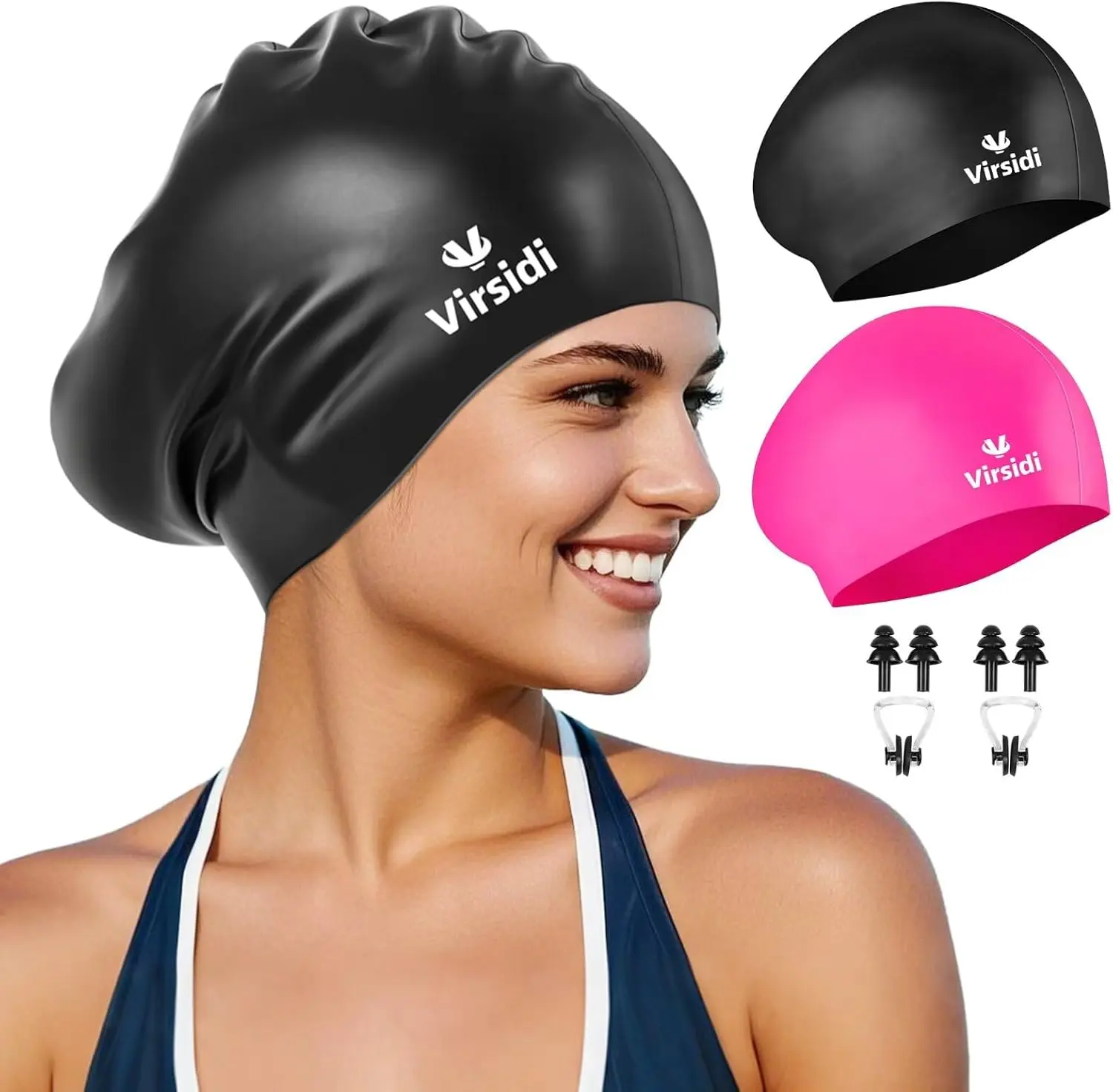 2 Pack Swim Cap for Women Men Adult, Silicone Swimming Caps for Short Long Hair, Waterproof Swim Hats Bathing Caps to Keep Hair Dry with Nose Clip and Earplugs -B0DXBSRKBB