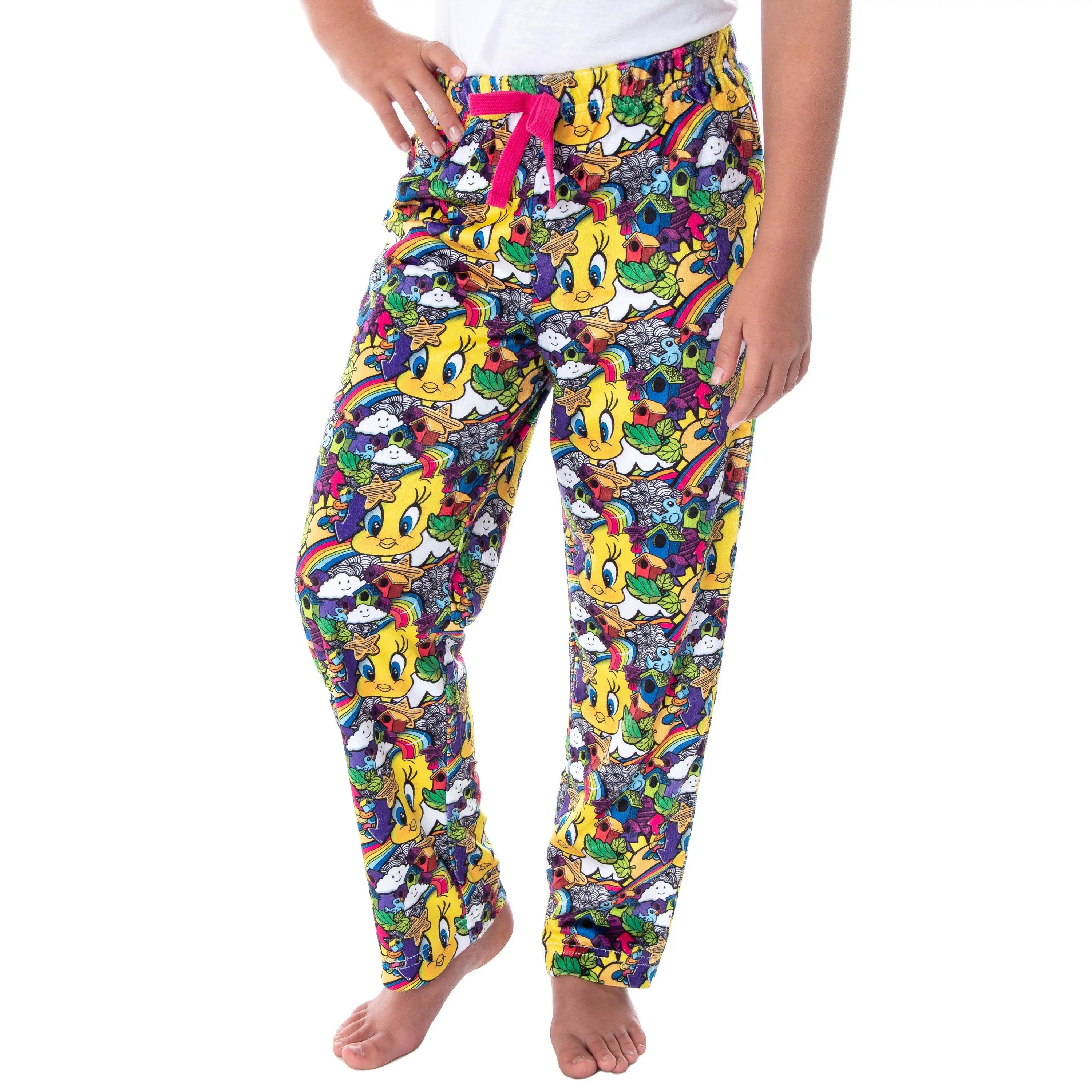 Looney Tunes Girls Tweety Bird Vivid Color Pattern Velvety Soft Sleep Lounge Pajama Pants, Cartoon Print Pajama, All Over Print