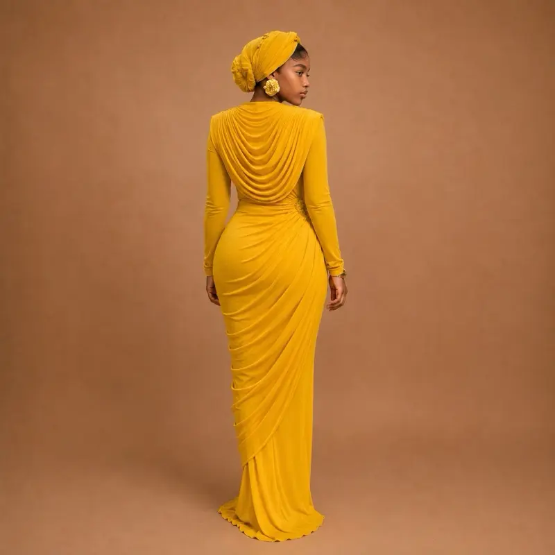 Women's Draped Neck Fitted Maxi Dress - Ruched Long Sleeve Stretch Mesh Gown, True-to-Size, Breathable Lightweight Soft Fabric, Formal, Wedding Guest, Elegant, Casual Chic, Wedding Guest Dresses