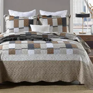 3 count  Quilt Sets with Shams Navy and Brown Blocks Patchwork Quilt Lightweight Reversible Bed Coverlet All Season Bedspread for  Bed Patch Plaid Daybed Bedding (Multi Patch)