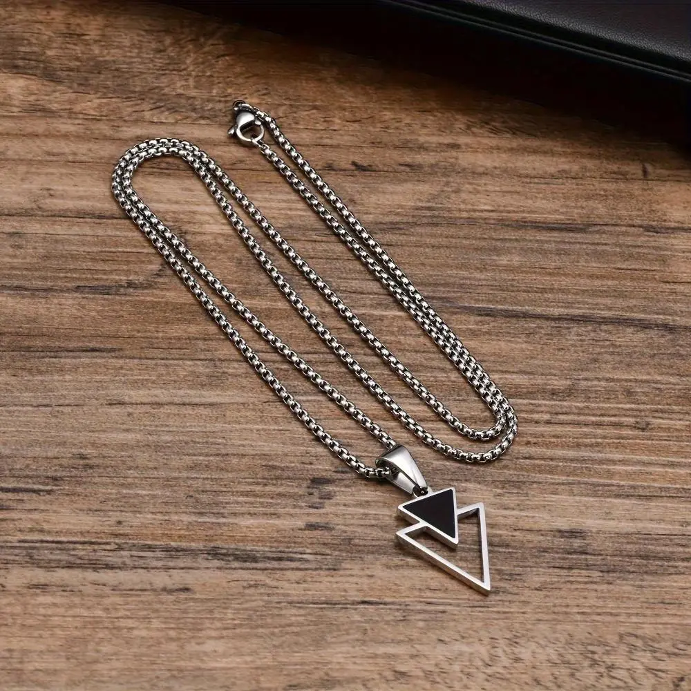 Men's Chrome-Tone Metal Necklace featuring a Double Inverted Triangle Pendant, Ideal for Casual Wear and Gifting, Long Chain, Inverted Triangles, Crystal Metal, Metal Coating, Unisex