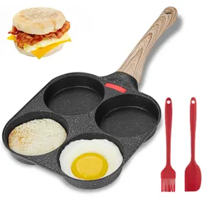 Granite Frying Pan, 4-Hole Divided Nonstick with Temperature Indicator & Lid for Low-Oil Breakfast, Induction Compatible