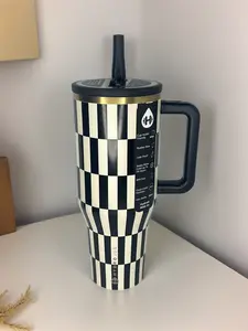 HydroJug 40oz Black & White Striped Checkered Tumbler with Handle, Leakproof Stainless Steel Insulated Travel Mug, Vacuum Insulated Water Bottle Portable Bottled Stylish Sturdy Detachable Beverage Flasks Drinkware Straw Beverage Straw