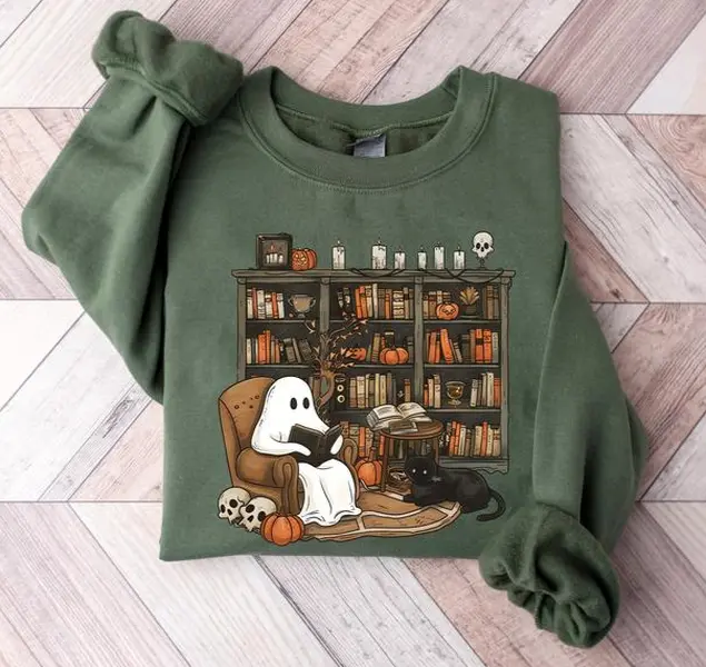Retro Ghost Reading Books Shirt - Sweatshirt - Hoodie, Librarian Ghost Halloween Sweater, Halloween Teacher Sweatshirt, Ghost Halloween Shirt, Ghost Shirt, Teacher Halloween Gift Shirt, Full Color, For Men, For Women, Casual, Classic Fashion, Tee Print