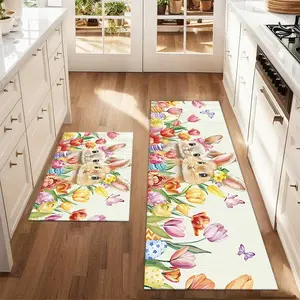 2Pcs Spring Flowers Rabbits Easter Floor mat set including farmhouse kitchen Rug dining room flooring laundry room decorative carpet mat Kitchen Runner Rug Flower Pattern Rugs