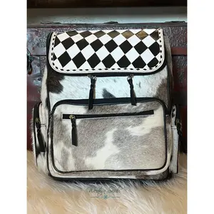 Checkered Cowhide Backpack Laptop Bag