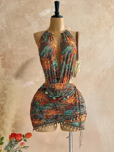 Boho Sun Print Halter Dress, Deep V Slim Fit Mini Skirt, Fringe Decor, Beach Party Date Wear, Spring Summer Essential