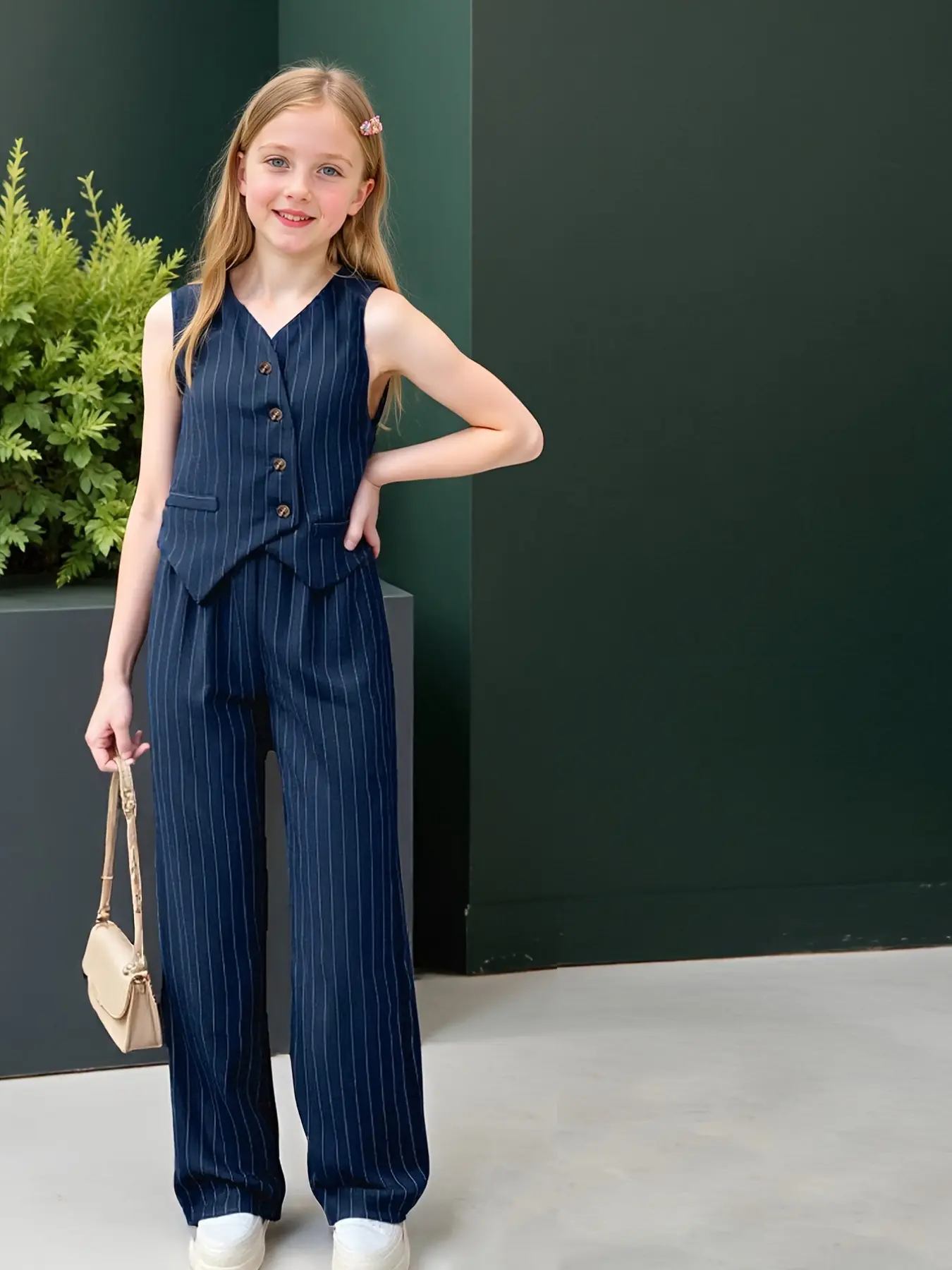 Girls' Fashion Striped Irregular Hem Blazer Vest Set Outfit, Casual Suit for Kids, Summer Clothes Sets, Spring Summer Fall, School Season, Family Outing