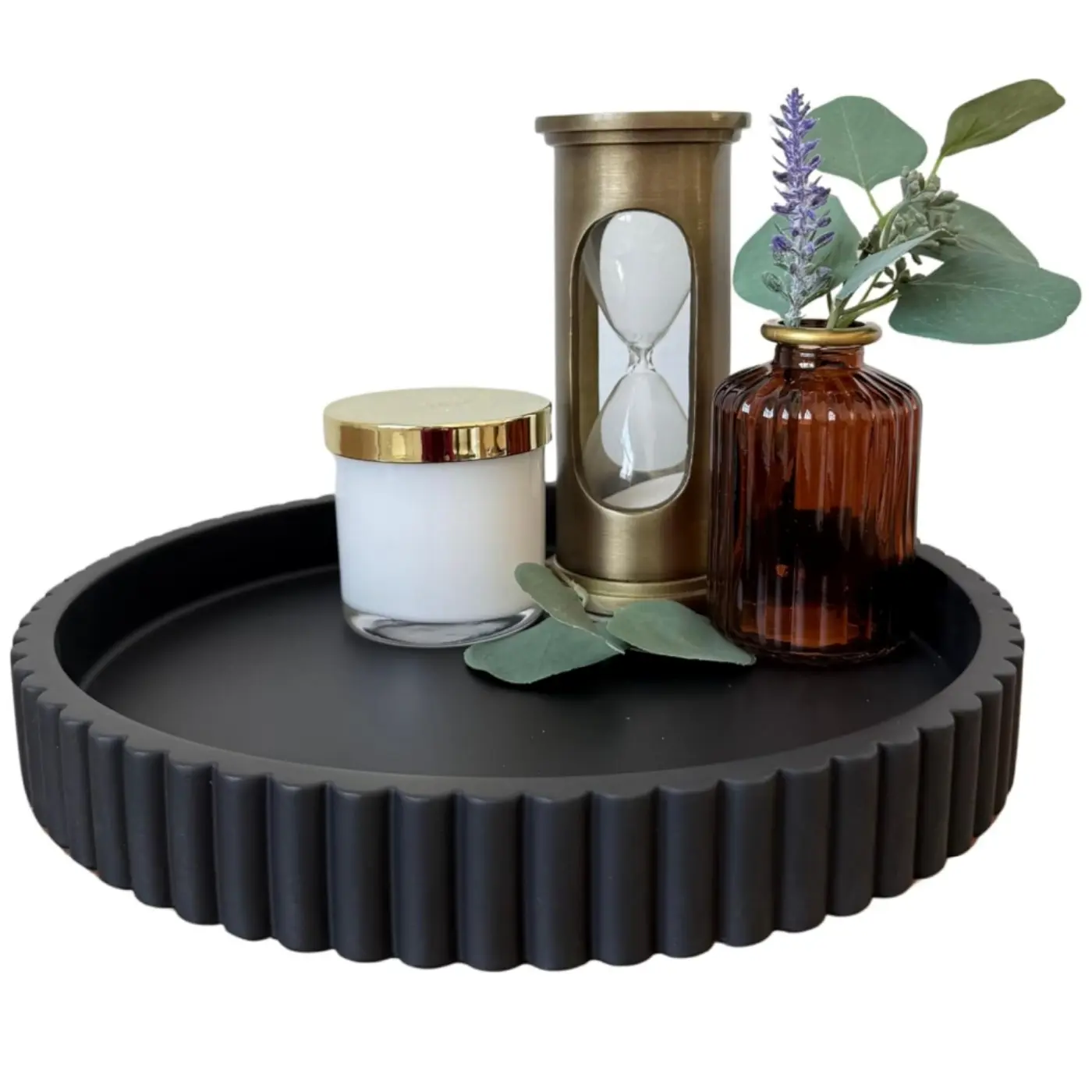Boho Wood Decorative Tray - Wood Powder-Coated Centerpiece with Fluted Circle & Wood Grain Suitable for Coffee Table, Jewelry Organizer, Serving Tray - Artisan Tabletop Storage Trays, Bathroom Trays