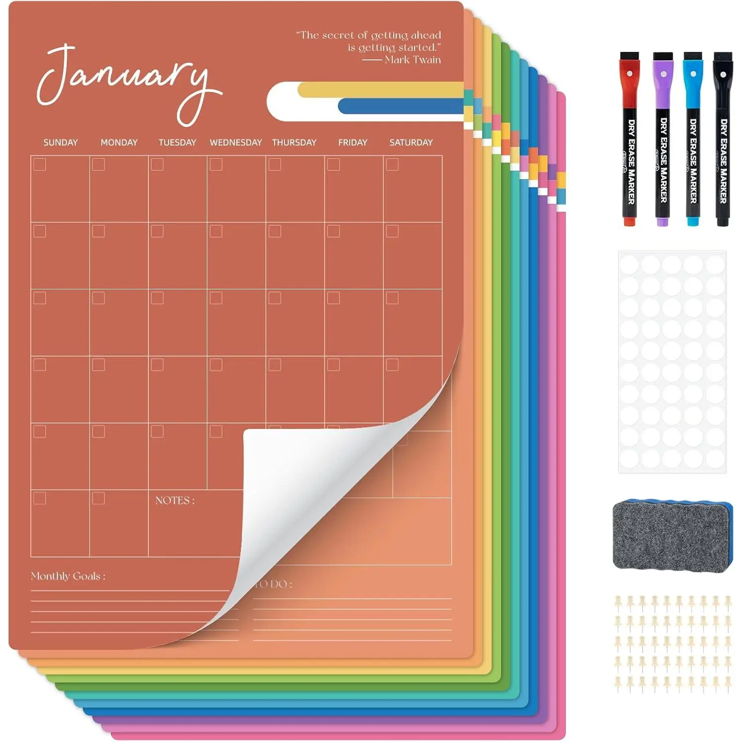 Undated Wall Calendar Dry Erase 12 Month, 12" x 17" Laminated Calendar Monthly Office Calendar 2026, 12 Sheets