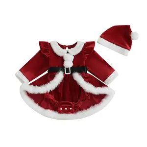 Newborn Baby Girl Christmas Outfit Baby Girl Christmas Dress  Long Sleeve Jumpsuits Plush Patchwork Santa Romper Dress and Cute Santa Hat Fall Winter Clothes