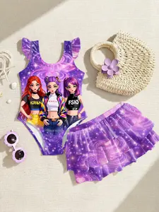 Kpop Girls Two-Piece Swimsuit, Cartoon Print Bikini, Summer Beach Vacation Swimwear, Cute Ruffle Swim Dress, Swim Skirt Set
