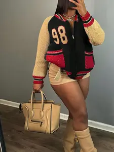 A set of women's digital patterned black, yellow, and red color blocked knitted sweaters and cardigans, suitable for autumn and winter, suitable for home, indoor, and outdoor wear Knitwear