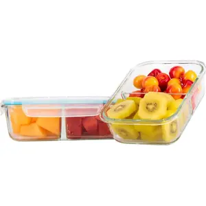 Moss & Stone Divided Kitchen Glass Food Storage Containers Set with Lids. Set of 2 Different Size Glass Meal Prep Containers with 2 Compartments And Snap Locking Lids, Reusable Food Containers Utensils