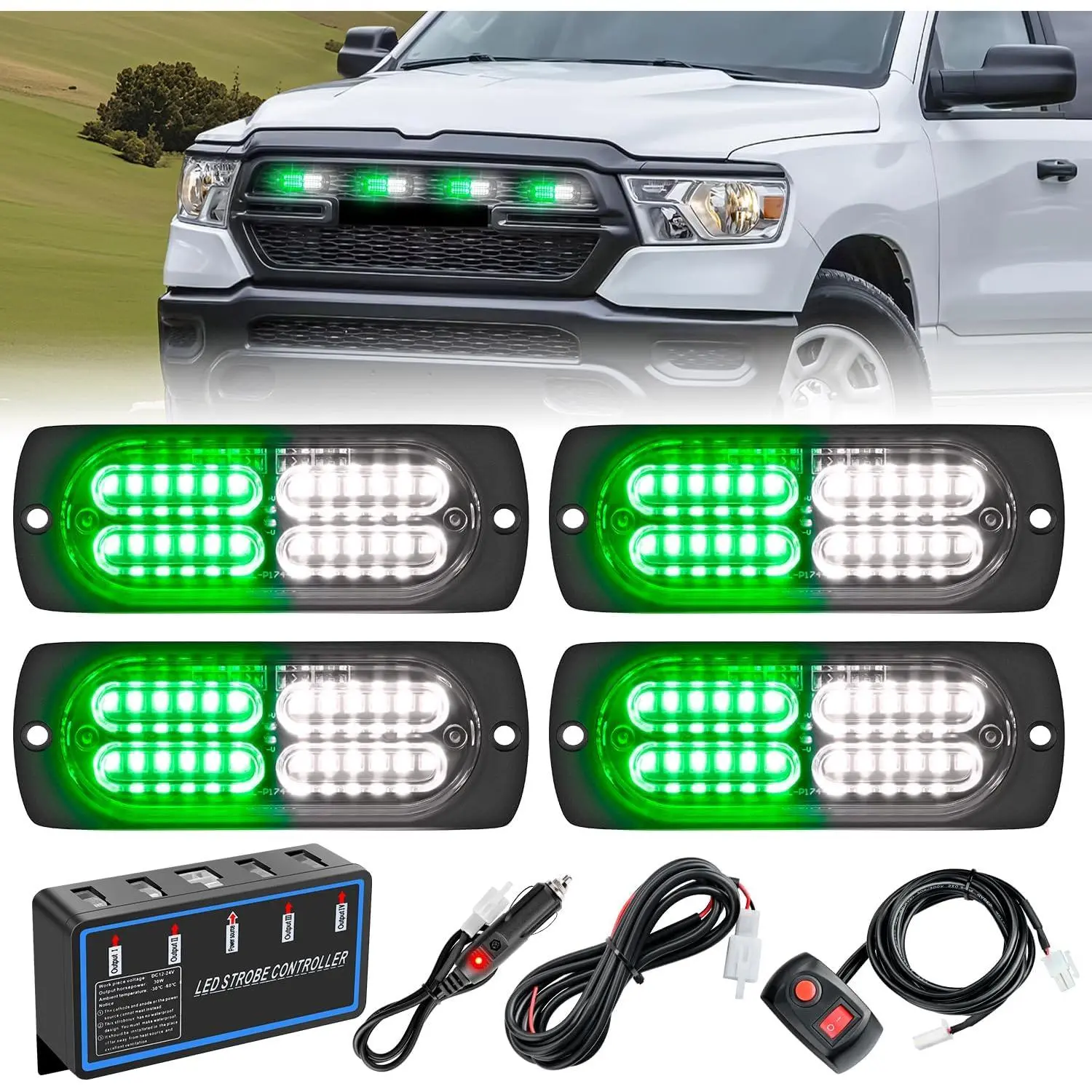 Nilight 4PCS 24LED Double Row Strobe Flash LED Light Bar 12V 24V, Sync Modes, Green & White, Aluminum Base, Surface Mount, Safety Alert Lighting with Controller, Hard Wire/Plug In Kit for Cars & Trucks, Campers, ATV