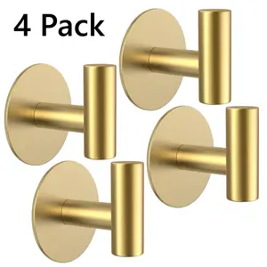 4 Pack Gold Stainless Steel Wall Hooks, Heavy Duty Self-Adhesive Hooks for Coats, Towels, Robes, Hats, Aprons – No Drill Bathroom, Kitchen, Hotel