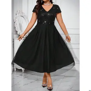 Outfit Maxi Dress Mesh Size Plus Women Cravure s Patchwork Sequin Hem