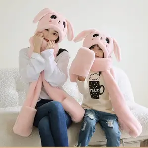 Upgrade Version Soft Plush Bunny Hat Set Press & Pop Ears Scarf-Gloves Wiggly Tail Cozy Thicken Family Matching for Parents Kids Chilly Warmth Family Style Winter Warm Skiing in Winter Minish Cap