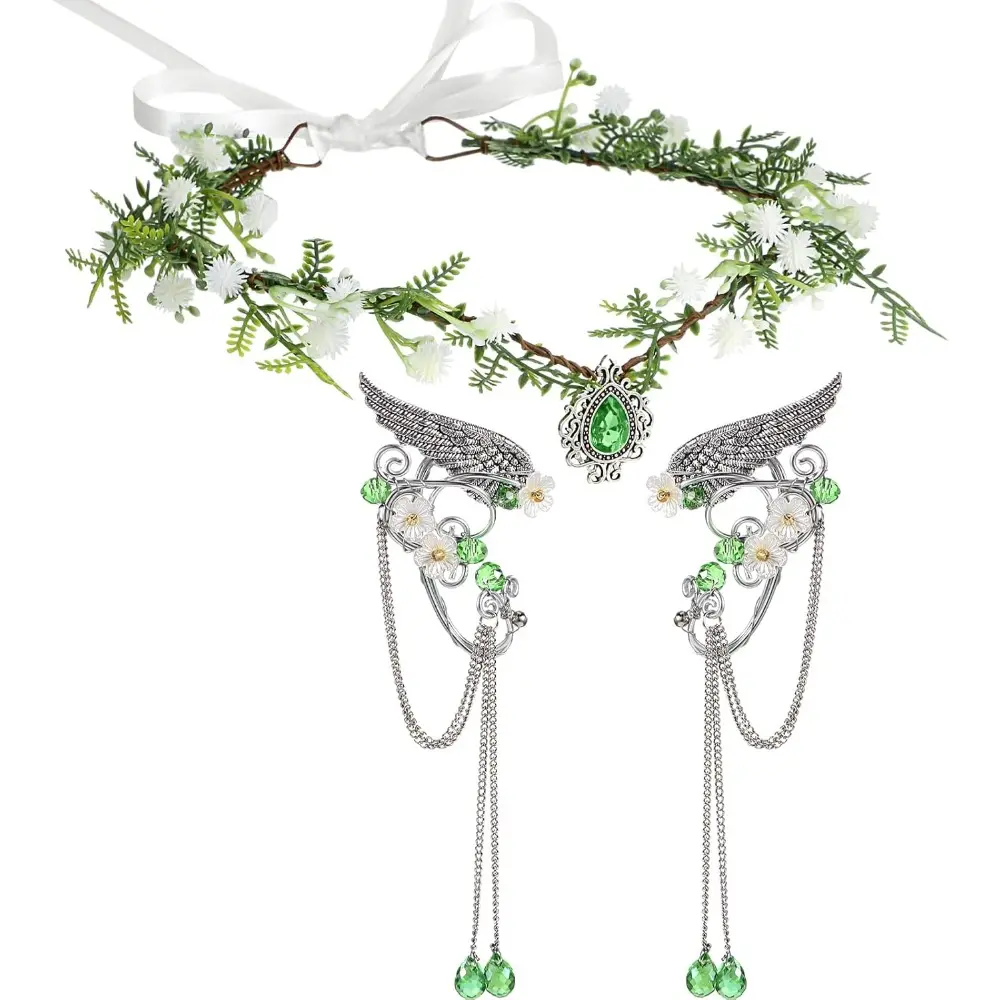 3PCS Halloween Elves Cosplay Set Fairy Flower Crown Headpiece Elf Ears Cuffs Renaissance Costume Leaf Elves Wings Ear Cuff jewelry