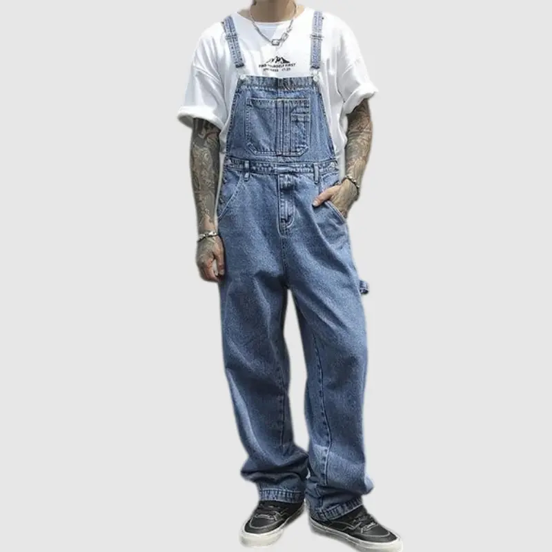 Men's High Cotton Y2K Denim Overalls, Loose Fit Blue Jean Bib Overalls, Retro Streetwear Workwear Jumpsuit with Multiple Pockets, 90s Grunge Casual Overalls for Men