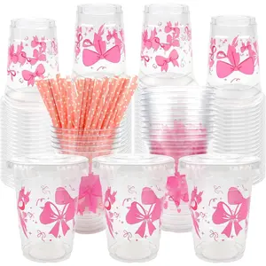50 count  Bow Plastic Cups with  and Straws,  Bow Clear Plastic Cup 16 oz  Cups for Birthday Wedding Party Supplies (Large, 50, Count)