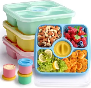 Bento Snack Box Containers for Adults Kids, 4 Pack Lunchable Meal Prep Containers Reusable, Stackable Bento Lunch Box, Food Storage Prep Containers with Lids and 4 Sauce Cups, Pastel Color, Clear Lid