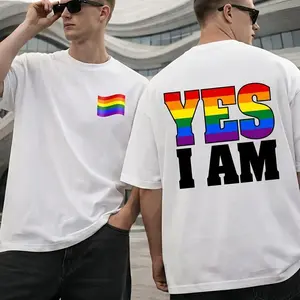 Yes I Am Rainbow Double Sided T-Shirt, LGBTQ+ Pride Statement Casual Top Tshirt TOP