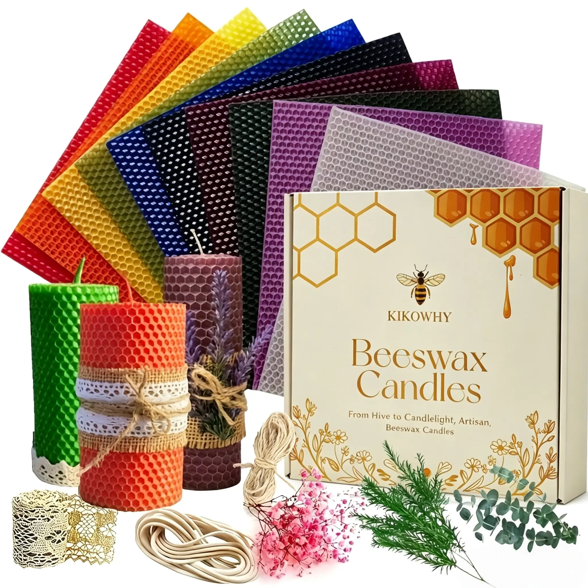 multi-size diy beeswax taper candle rolling kit with cotton wick, natural beeswax craft supplies for witch spiritual ritual, beginner diy set for adults and kids, home ornament handmade craft gift for thanksgiving and christmas