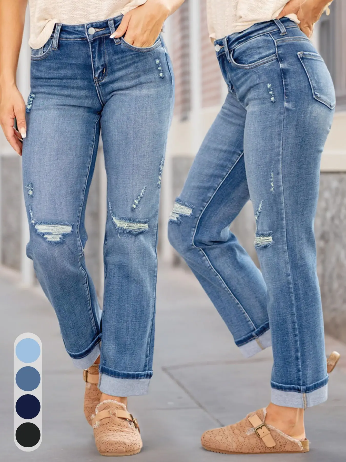Women's Straight Leg Medium Wash Jeans, Casual Fashionable Elastic Fitted Ripped Denim Jeans, Distressed Jeans, Trendy Jean Fabric Pants Bottoms Pocket