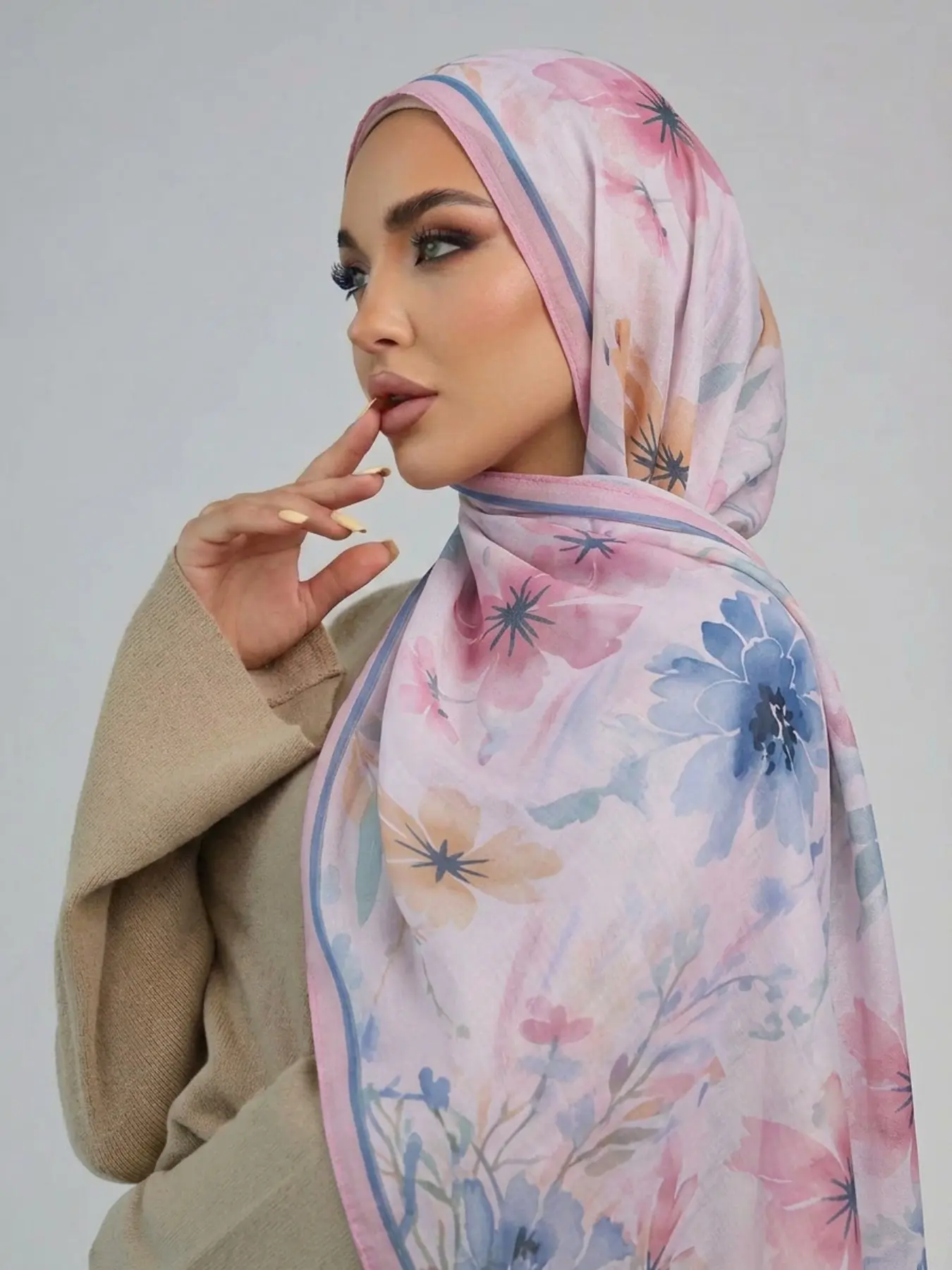 Women's Soft Blue Watercolor Floral Scarf, Lightweight Breathable Headscarf, Muslim Fashion Daily Turban, Beach Long Shawl, Hijab, Fashionable Modest Hijab