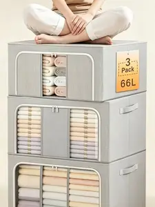 3-Piece Steel-frame Stackable Storage Boxes. Featured with clear viewing window and zippered lid, it offers large storage space. Equipped with reinforced zippers and sturdy handles, this compact organizer easily holds clothes and bedding. Room