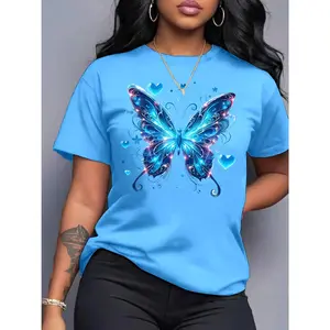 100% Cotton Women's Bowknot Print Short Sleeve Round Neck Casual T-Shirt, Top, Machine Washable, Butterfly Design, Everyday T-Shirt |   Glossy T-shirt |   Comfortable Fit, Women's T-Shirt