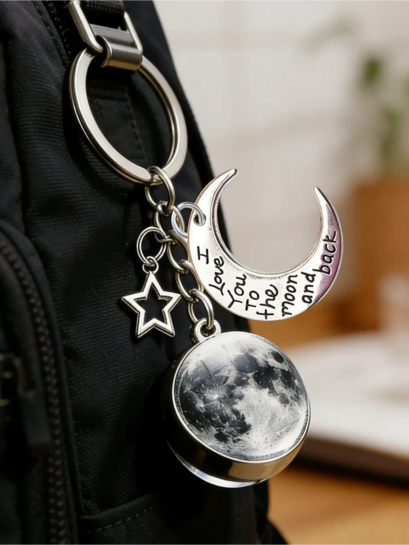 Double-sided glass ball star accessory, comes with a crescent moon, with sentences about the moon and stars, glowing phantom moon style starry sky dreamy synthetic gemstone keychain, pearl keychain
