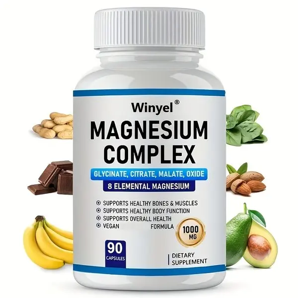 Complex Magnesium Supplement 1000Mg, 8 Types of Magnesium Elements - Magnesium Glycinate, Citrate, Malate, Taurate, Oxide, Aspartate, Orotate - Magnesium Supplement for Sleep, Nerves - 90 Capsules