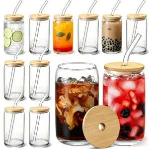 [ 12pcs Set ] Glass Cups with Bamboo Lids and Glass Straw - Beer Shaped Drinking Glasses, 16 oz Iced Coffee Glasses, Cute Tumbler Cup for Smoothie, Boba Tea, Whiskey, Water - 4 Cleaning Brushes