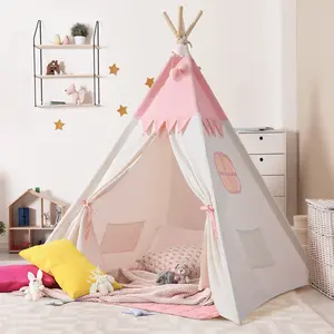 Besrey Kids Tent with 20ft LED Lights, 100% Cotton, Indoor Play Teepee, Collapsible & Portable, Christmas Gift, 58x47x47 Inch, Stabilizer & Cotton Mat Included