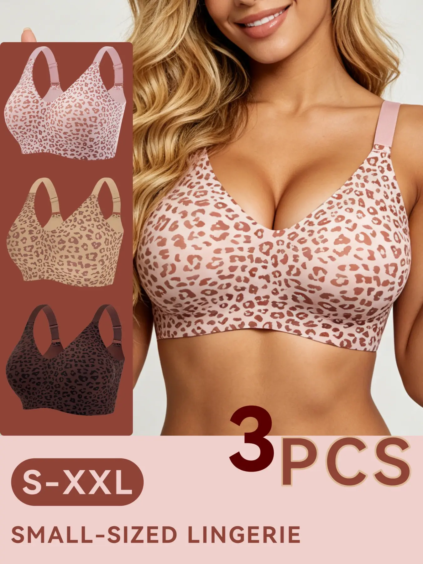3-Piece Set Women's Fashionable Sexy Small-Sized Jelly-Strip Soft Support Sexy Leopard Print Bras