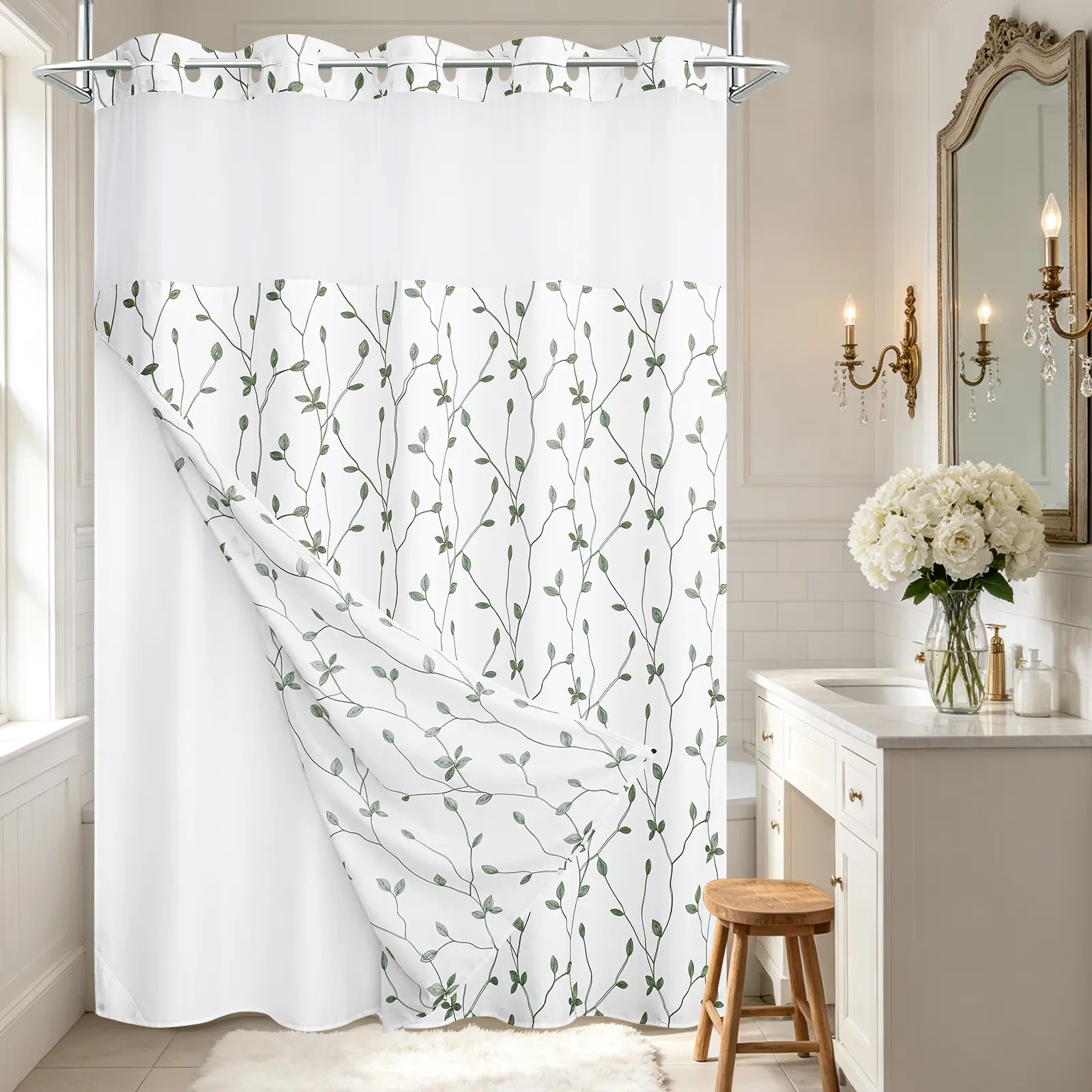 Farmhouse Twig Leaves Shower Curtain, Double Layer Sheer Window Top Waterproof Mildew Resistant Bathroom Decor Curtain 72''*75''