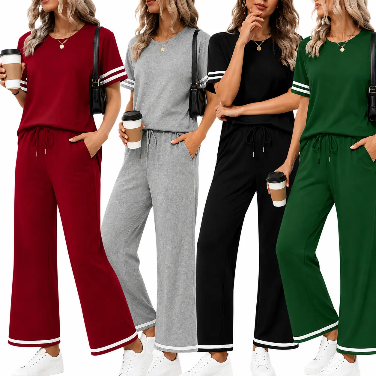 Two Piece Sets for Women Summer Outfits Lounge Sets Short Sleeve Tops Wide Leg Pants Vacation Travel Outfits