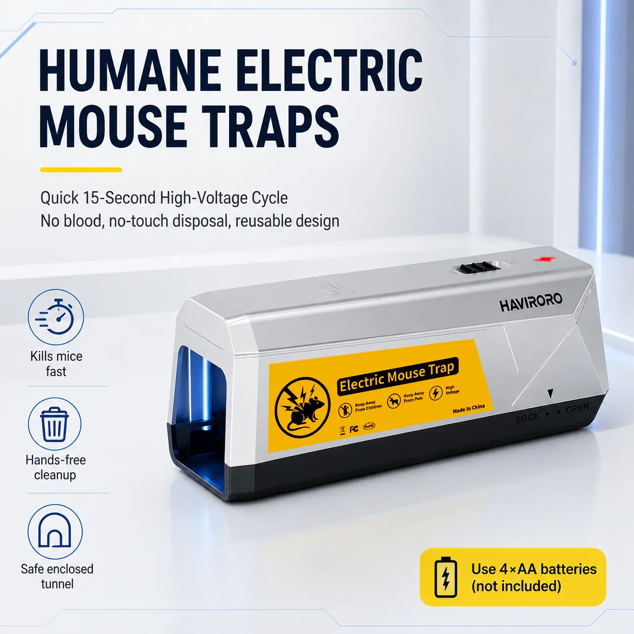HAVIRORO Electric Mouse Trap 2000V With 2 Replaceable Bases, High-Voltage Instant Control Device, No-Touch Electronic Catcher For Indoor Kitchen Garage, Reusable & Sanitary