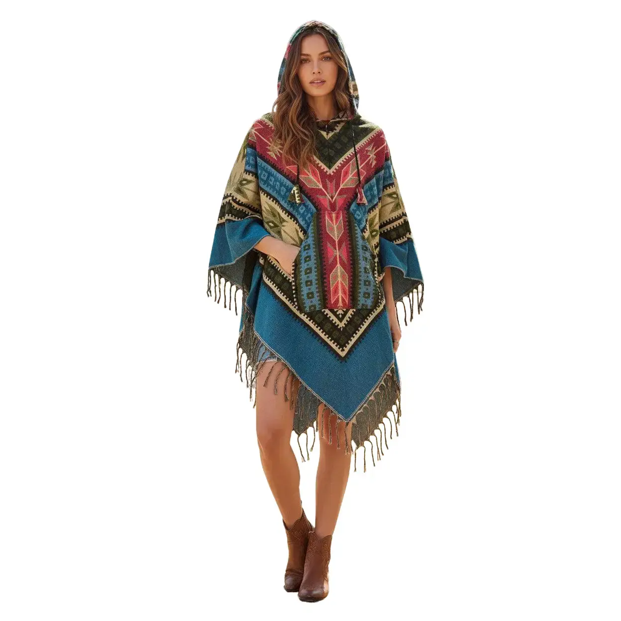 Women's Hooded Poncho - Unisex Bohemian Hippie Ethnic Soft Gorgeous Wool Blend Hoodie for Festival Wear, Fit