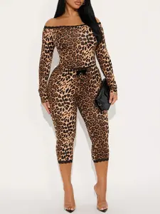 Fiona Off Shoulder Leopard Capri Set - Brown/combo