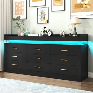 9/10 Drawer Dresser with LED Light and Charging Station, 63" Modern Chest of Drawers, Wide Drawer Organizer Cabinet for Bedroom Closet Living Room Entryway Hallway, Black/White