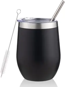12oz Insulated Wine Tumbler with Lid and Straw, Double Wall Stemless Stainless Steel Wine Tumbler, Bulk Vacuum Wine Tumbler for Coffee, Champagne, Cocktail (Black, 1)