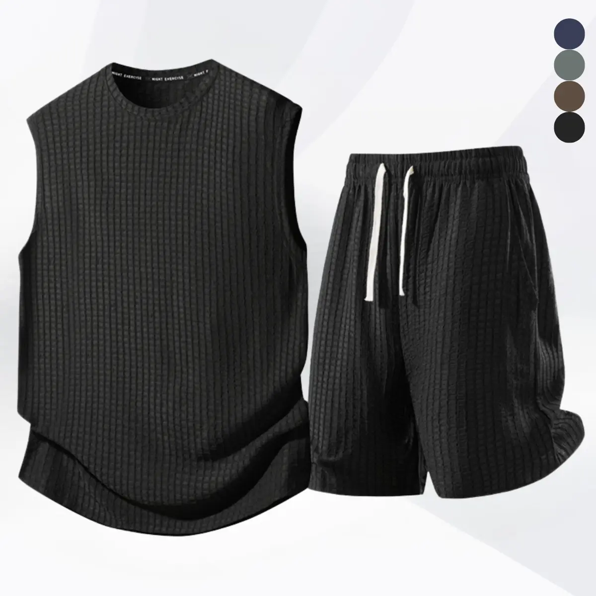 Men's Casual 2-Piece Menswear Set in a Stylish Textured Fabric, Sleeveless Top and Shorts with Adjustable Waist, Clothes, Elastane, Matching, Plain, Polyester Blend, Drawstring, Top + Shorts, Set Combo, Fitted Cut, T-Shirt