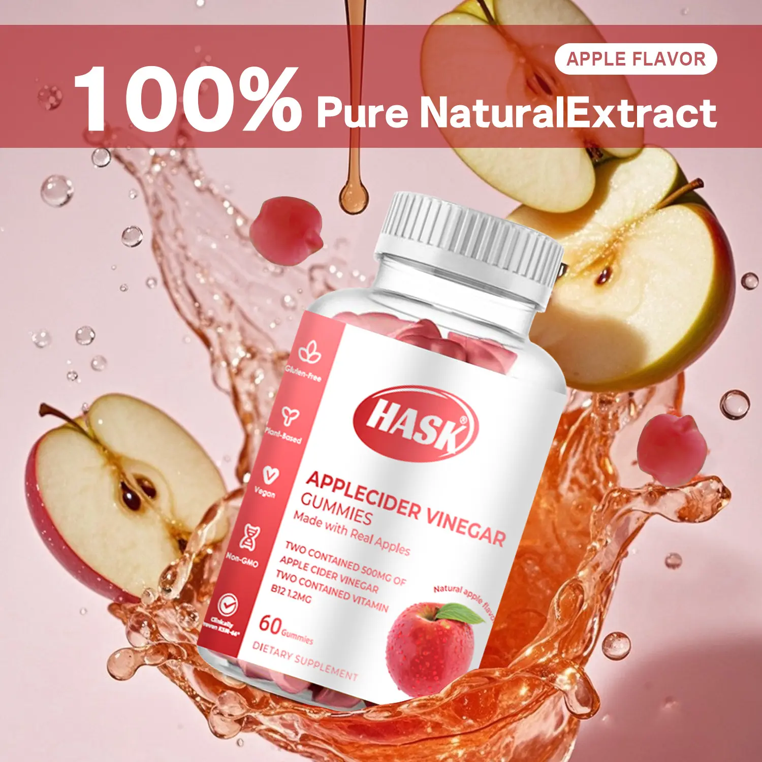 HASK Apple Flavoured Gummies - 60 Gummies - Relieve Bloating, Support Digestive Health, Apple Cider Vinegar, Vitamin B9/B12, Sugar Free, Non-GMO, Promotes Intestinal Cleansing, 100% Natural Extract.