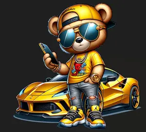 Kids Ready to Press Heat Transfer DTF Transfer Direct to Film Cool Bear Design with Car and Sunglasses