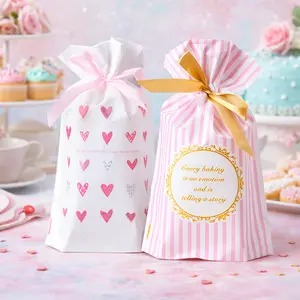 50pcs Valentine's Day Gift Bag Sweet Pink HeartStriped Drawstring Pouch for WeddingValentine Party Gift