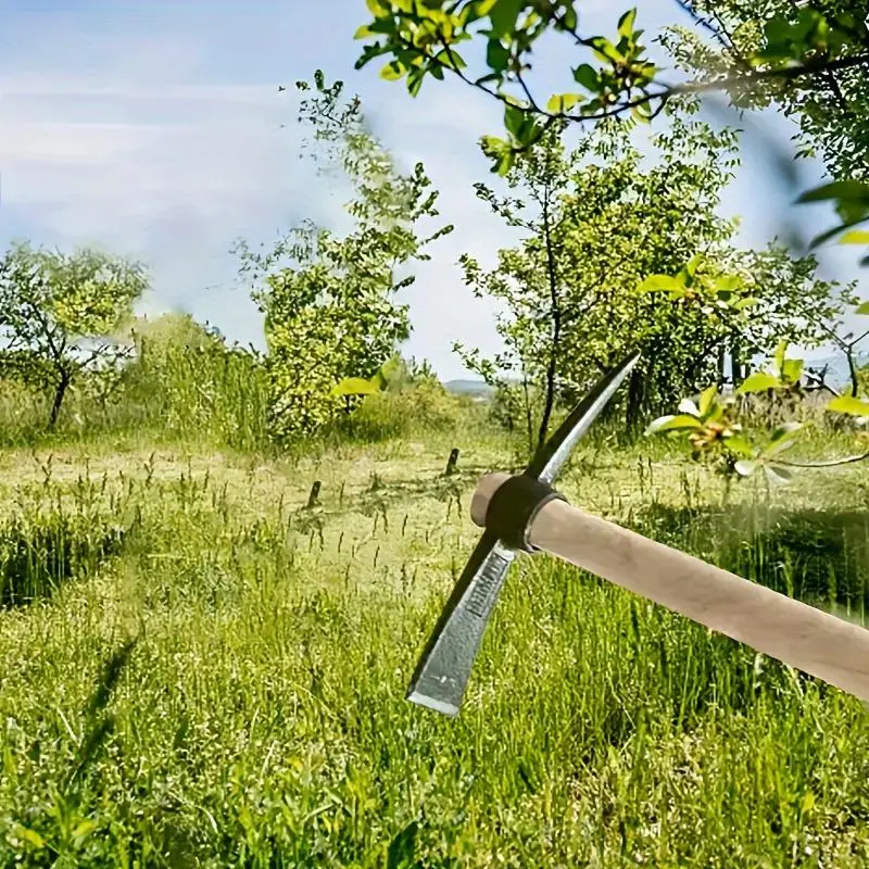 Upgraded version of wooden handled metal pickaxe, used for outdoor mountain climbing, stone excavation, weeding, and vegetable cultivation. The handle is detachable for easy storage and transportation hiking stick supply