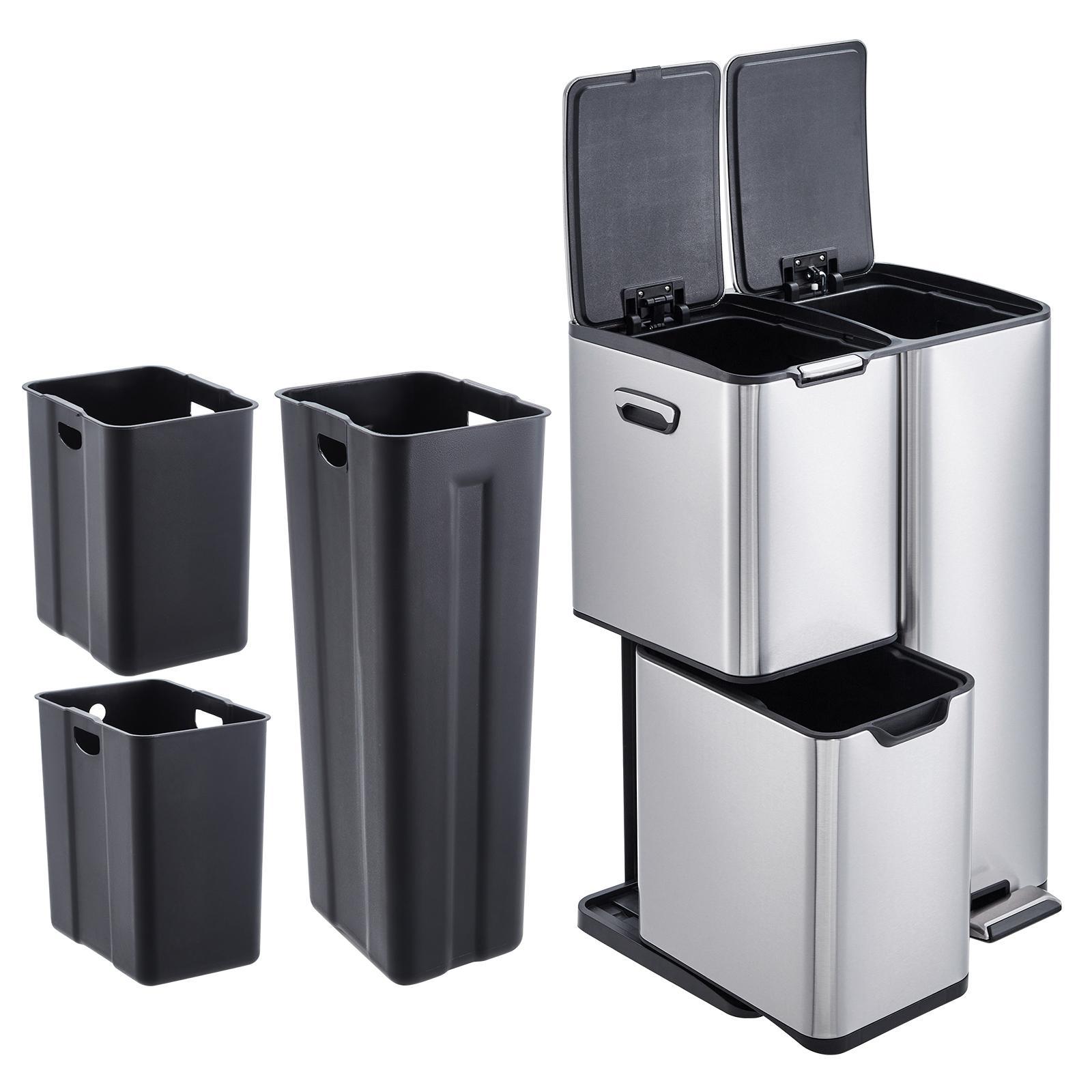 16-Gal Triple-Compartment Stainless Steel Recycling Trash Can with Hands-Free Foot Pedal, Lid, Removable Inner Plastic Buckets, Slide Feature, Large Waste Separator for Kitchen & Office 16-Gal Triple-Compartment Stainless Steel Recycling Trash Can with Hands-Free Foot Pedal, Lid, Removable Inner Plastic Buckets, Slide Feature, Large Waste Separator for Kitchen & Office